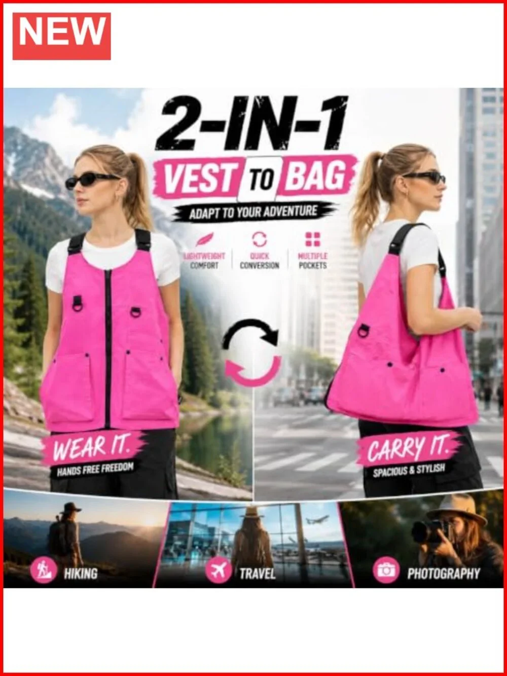 2-in-1 Wearable Utility Vest Backpack for Women, Lightweight Nylon Shoulder Bag